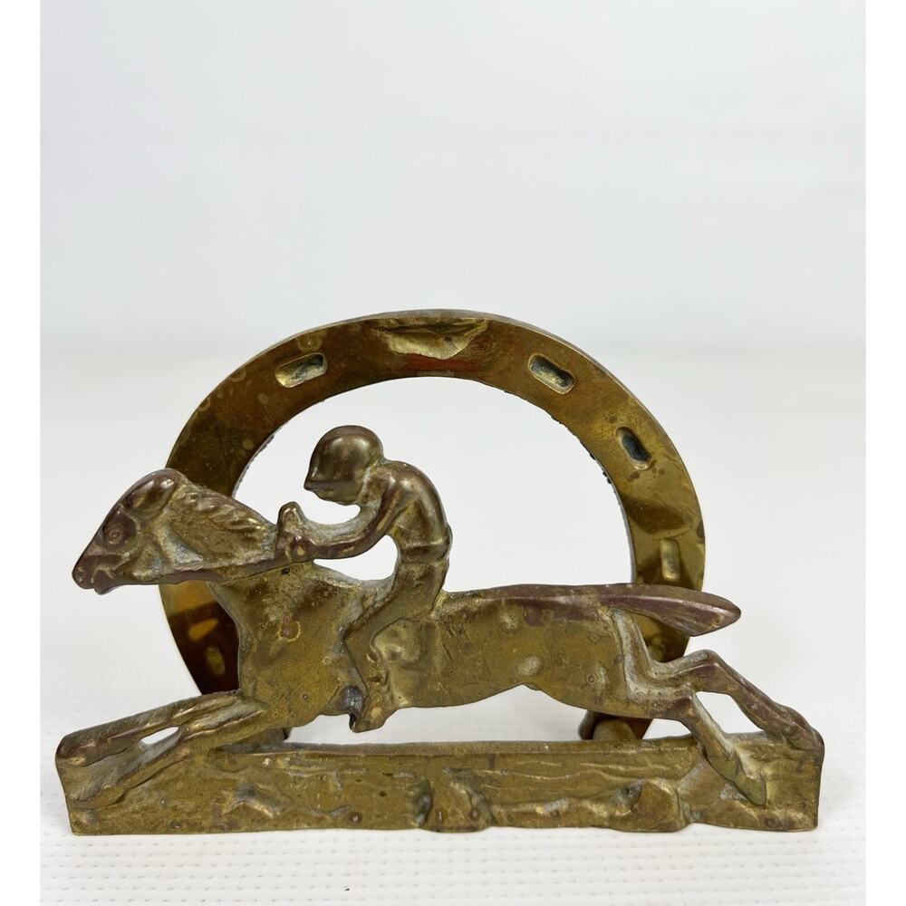 Vintage Brass HORSE RACING JOCKEY with Horseshoe Letter Holder Equestrian Napkin